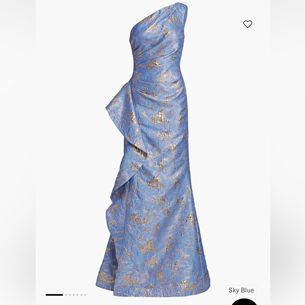 Teri Jon Blue One Shoulder Ruffled Gown
